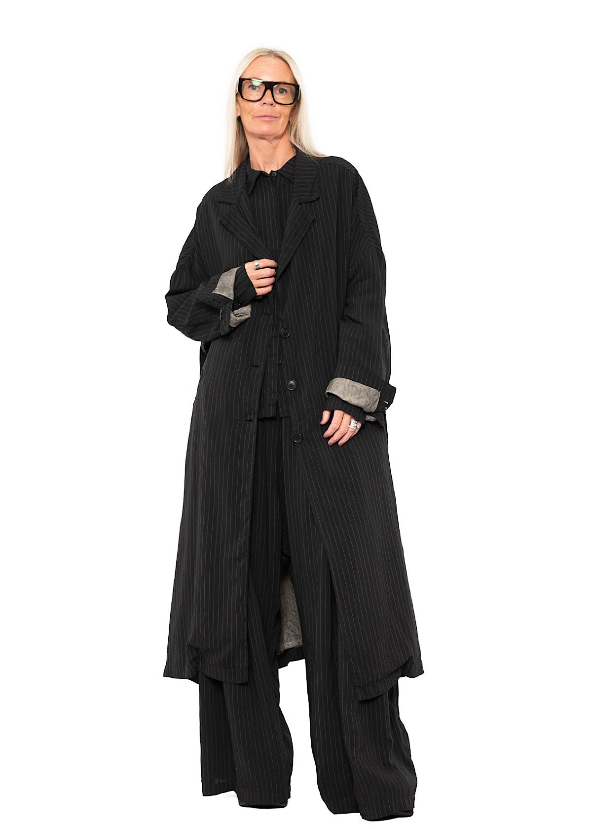 OVERSIZED PINSTRIPE DRAPED COAT