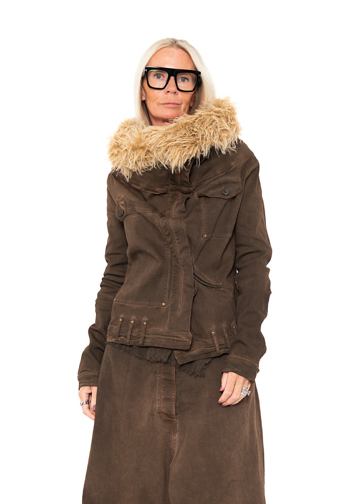 FITTED FAUX FUR-TRIM DENIM JACKET