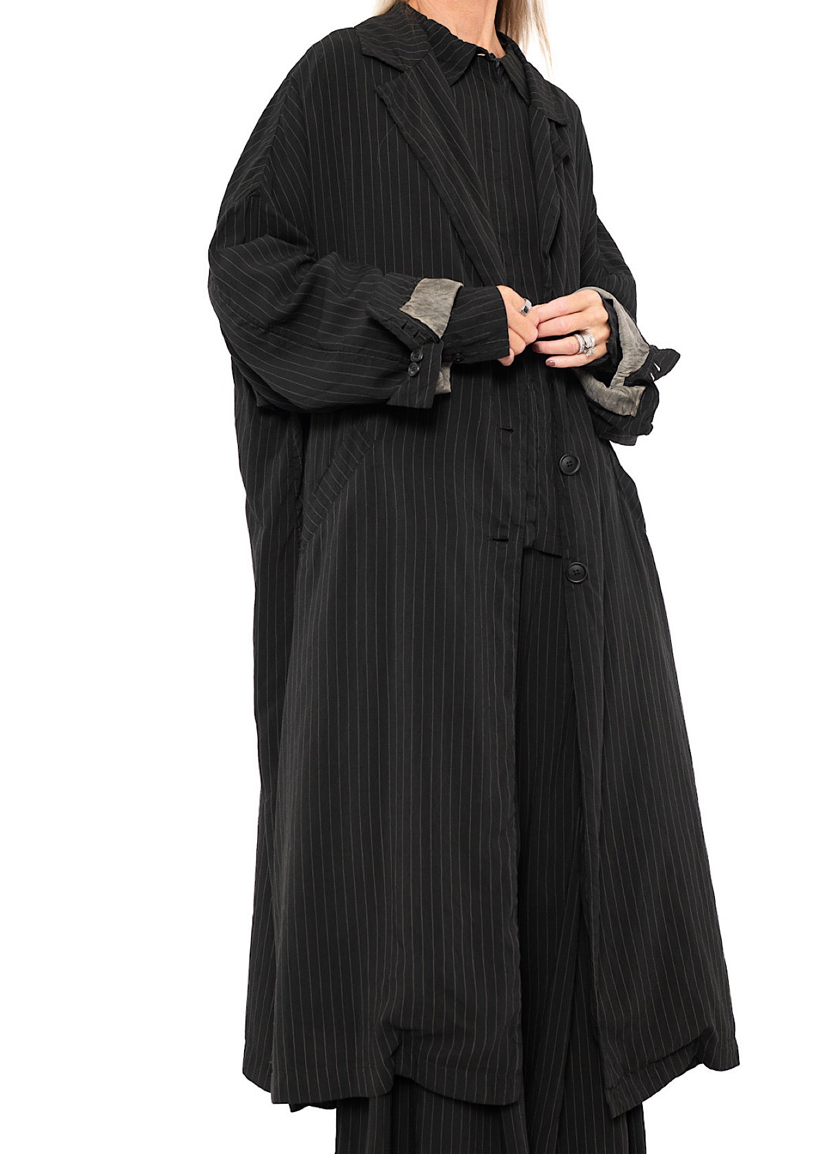 OVERSIZED PINSTRIPE DRAPED COAT