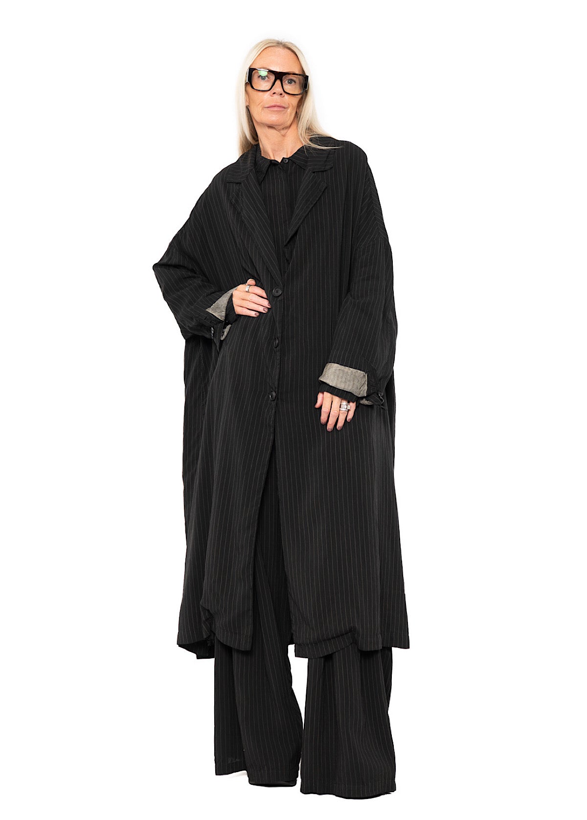 OVERSIZED PINSTRIPE DRAPED COAT