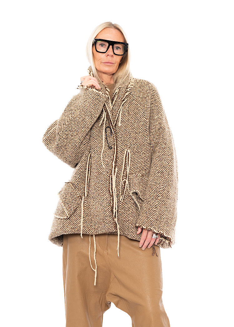 OVERSIZED DISTRESSED CHECK WOOL JACKET