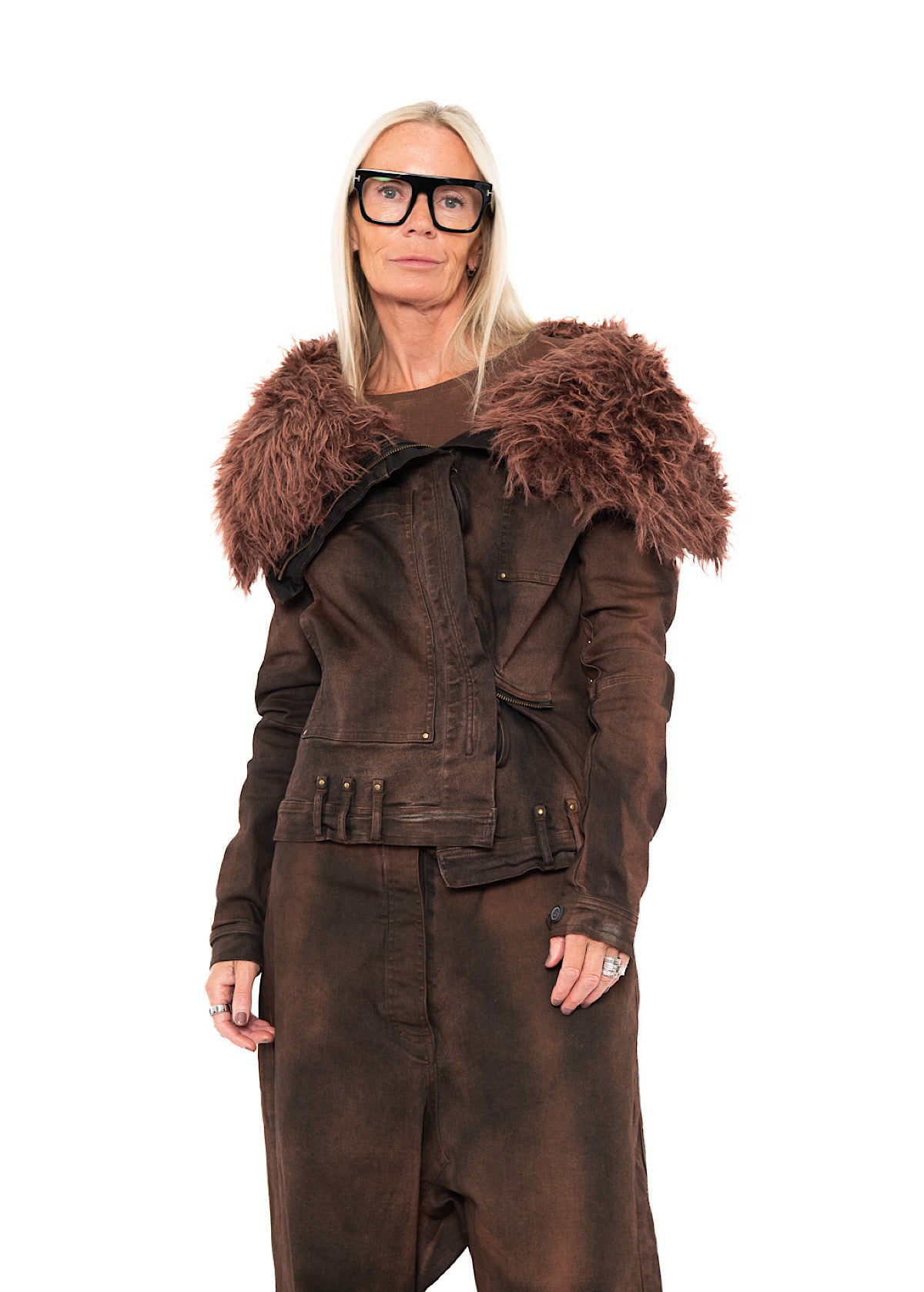 FITTED FAUX FUR-TRIM DENIM JACKET