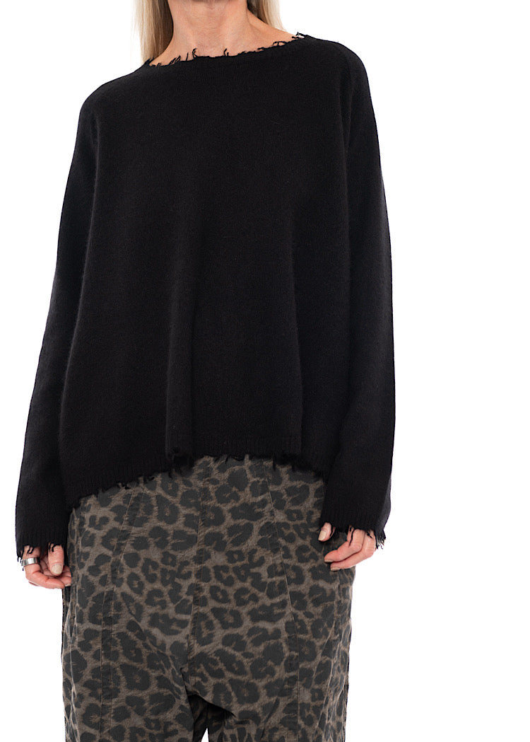 DISTRESSED MERINO RACCOON PULLOVER