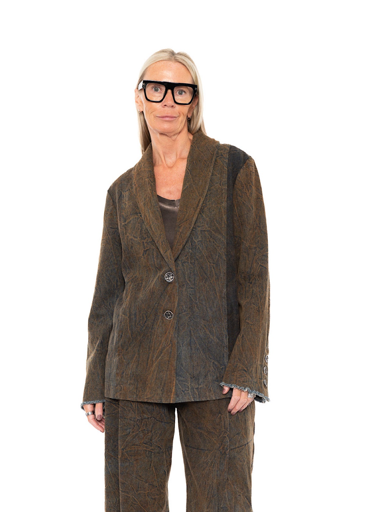 STONE-WASHED DENIM TWO-BUTTON BLAZER