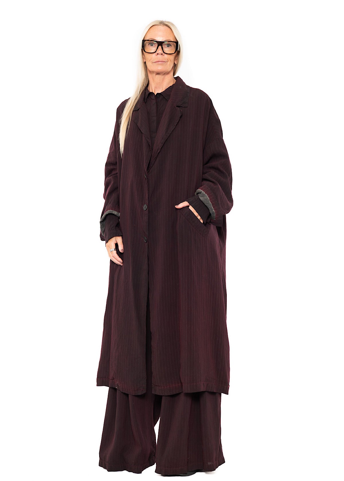 OVERSIZED PINSTRIPE DRAPED COAT