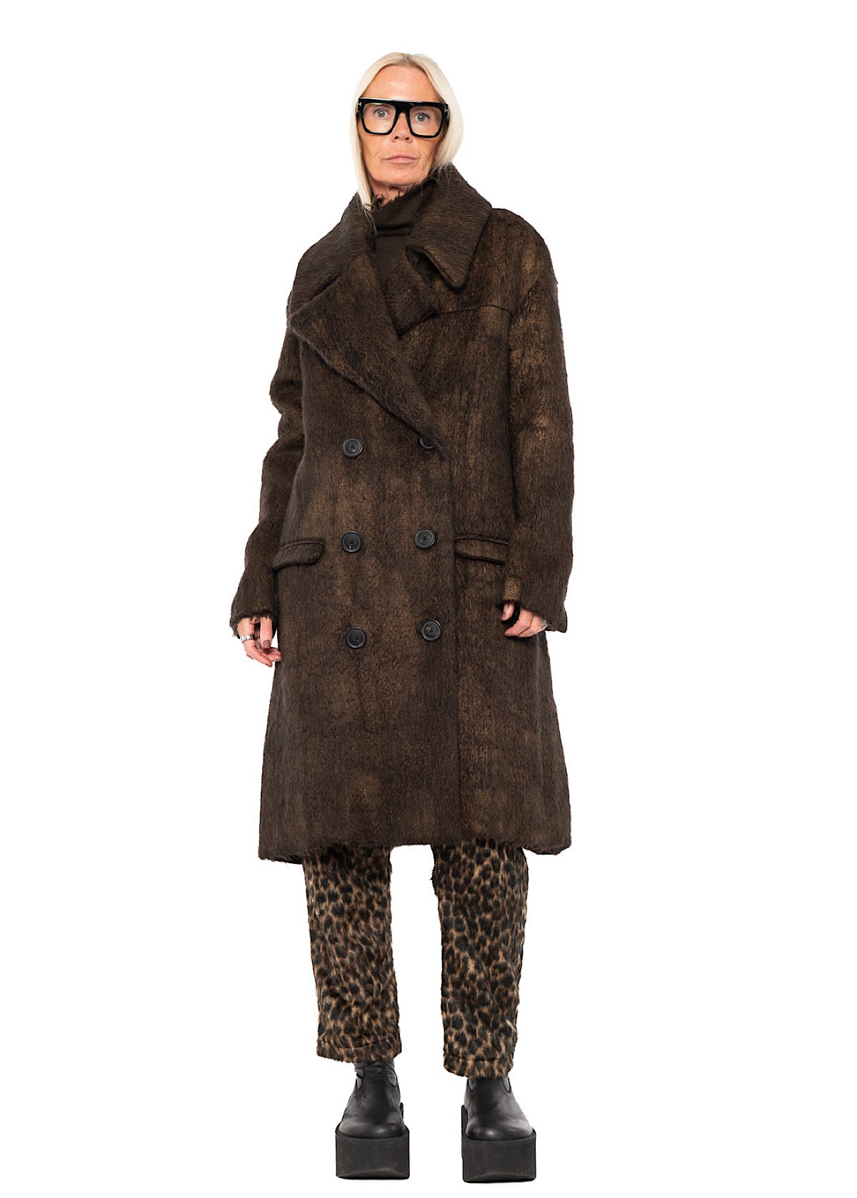 OVERSIZED LONG-HAIR WOOL COAT WITH DETACHABLE LEOPARD COLLAR