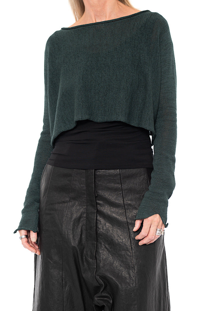 CROPPED LINEN-BLEND KNITTED PULLOVER