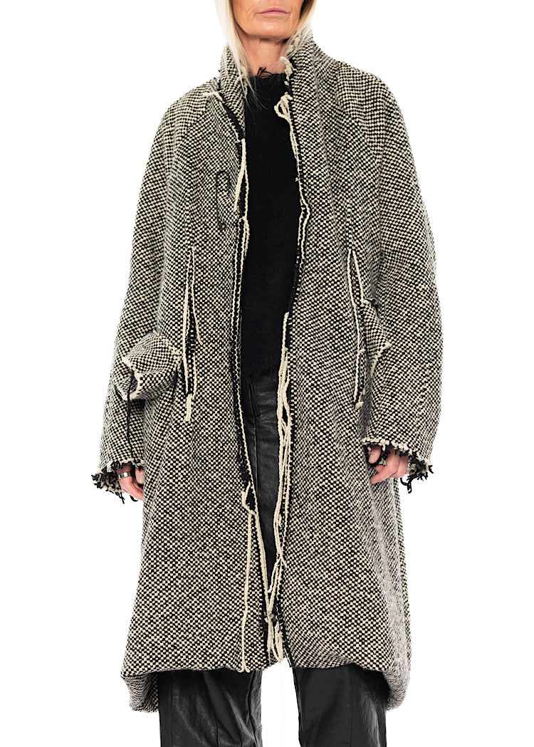 OVERSIZED DISTRESSED CHECK WOOL COAT