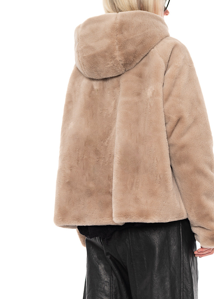 CROPPED HOODED FAUX FUR JACKET