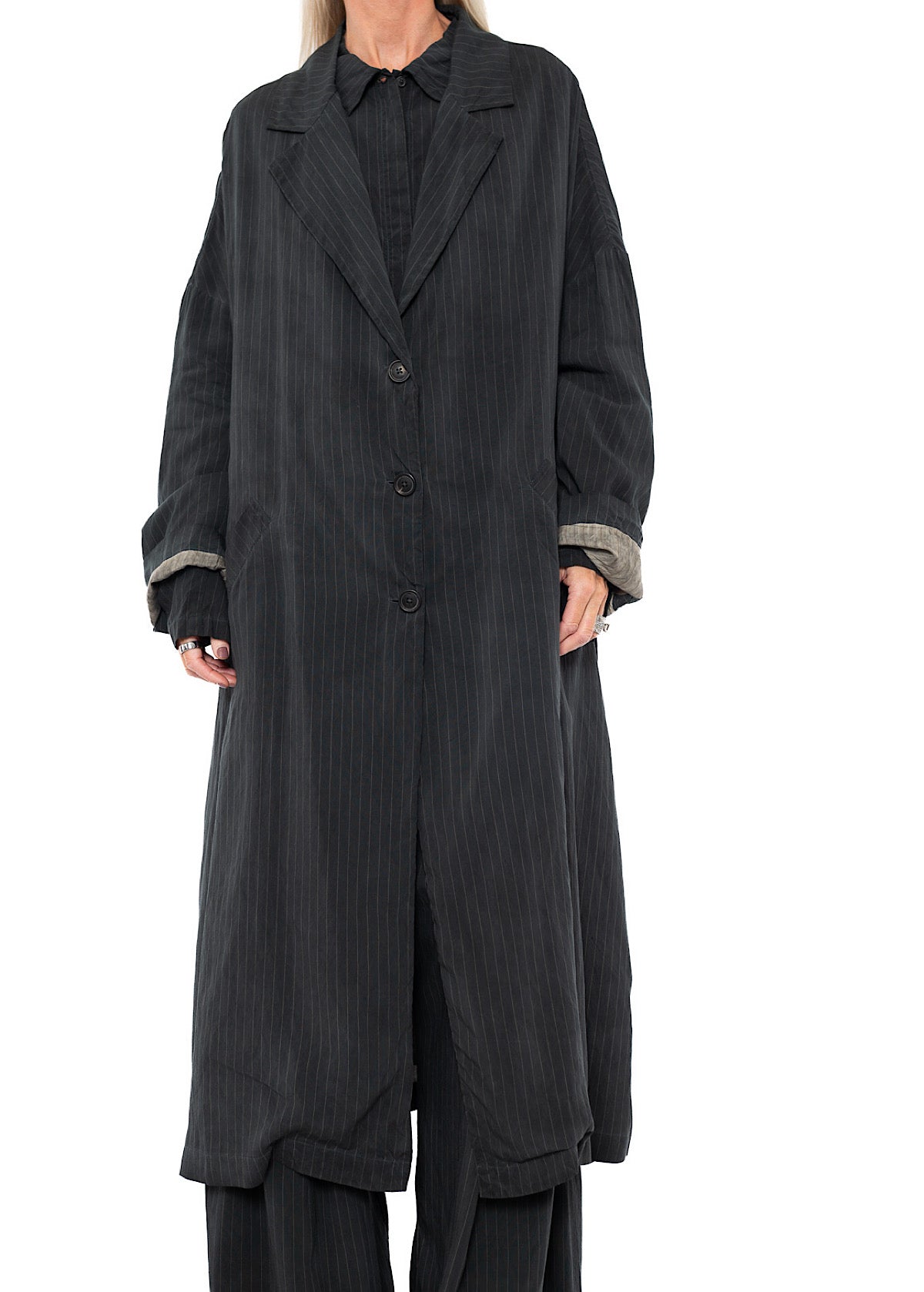 OVERSIZED PINSTRIPE DRAPED COAT