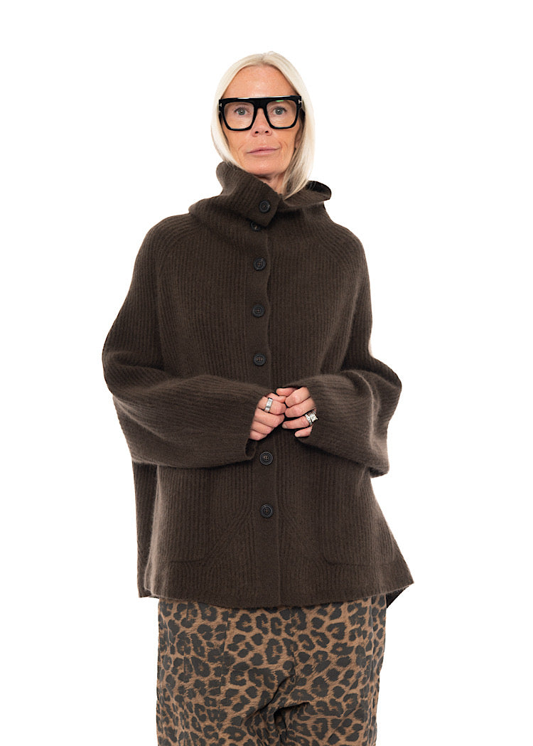 MERINO RACCOON FUNNEL NECK CARDIGAN
