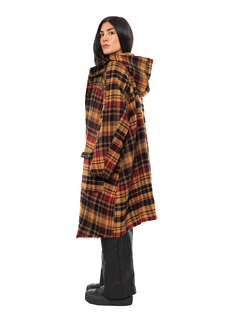 HOODED CHECK WOOL COAT