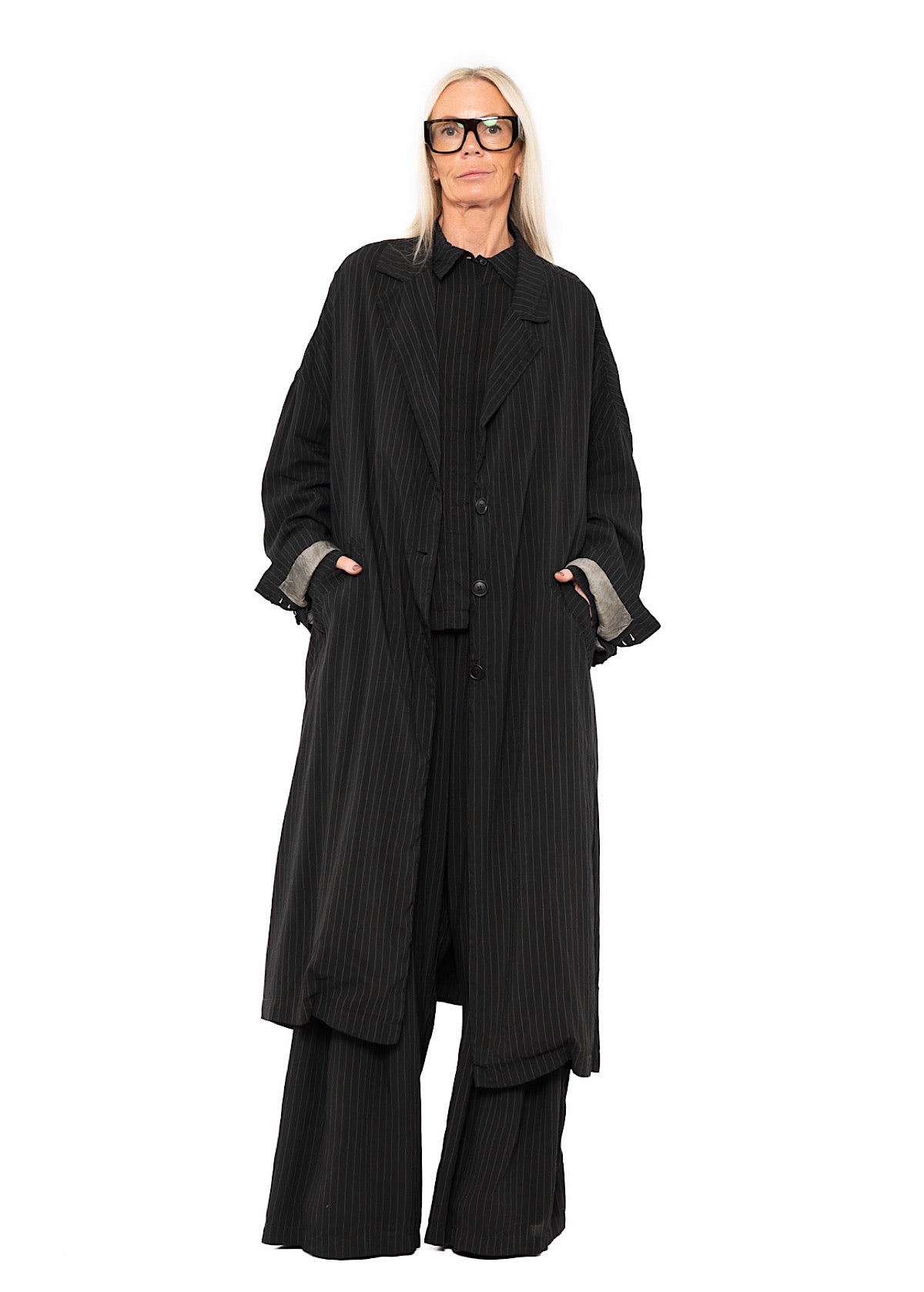 OVERSIZED PINSTRIPE DRAPED COAT