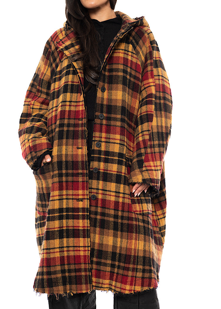 HOODED CHECK WOOL COAT