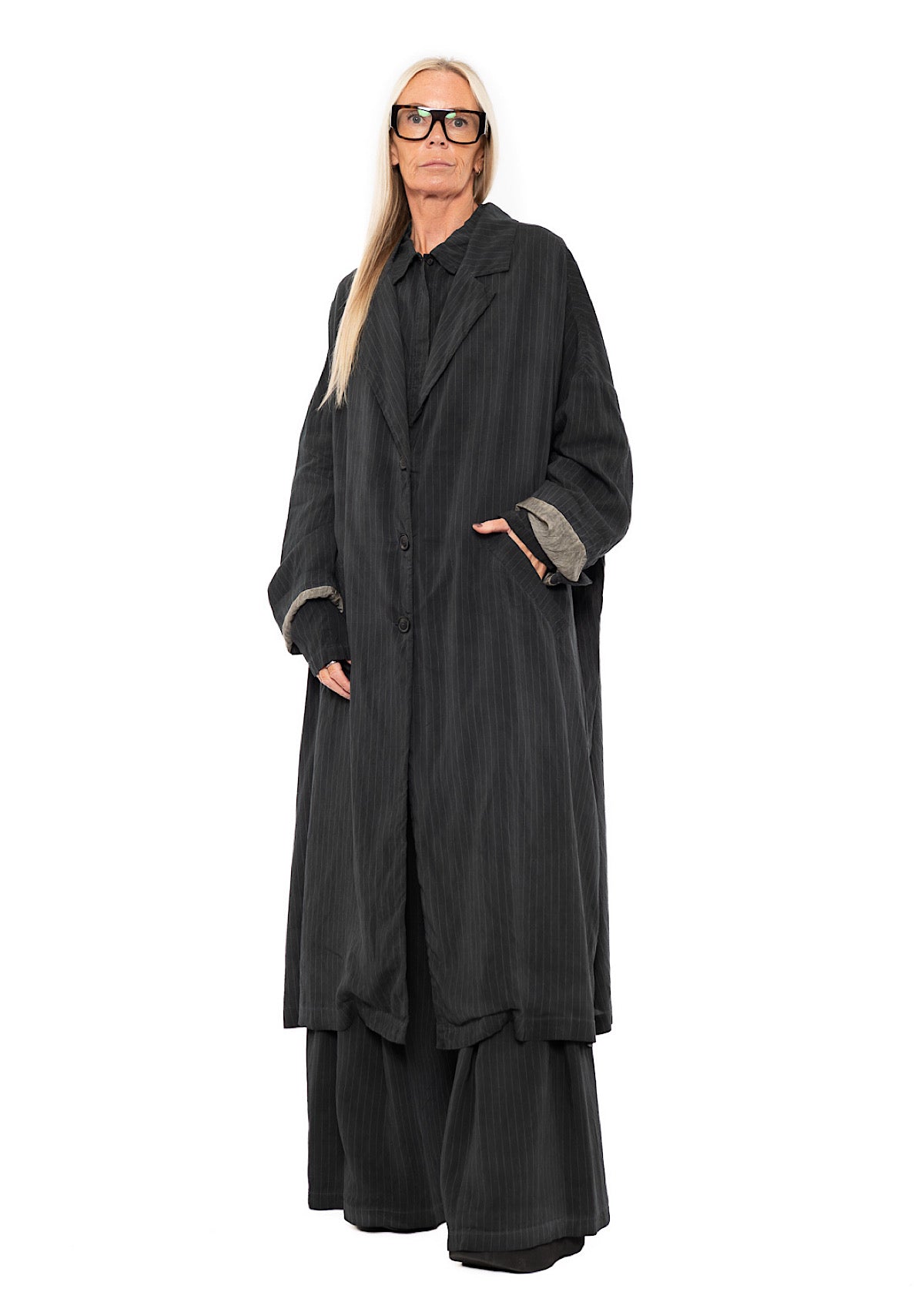 OVERSIZED PINSTRIPE DRAPED COAT