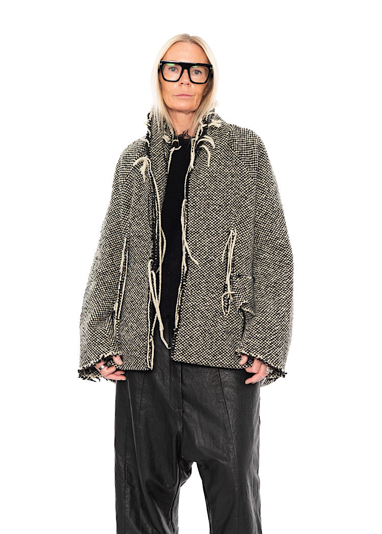 OVERSIZED DISTRESSED CHECK WOOL JACKET