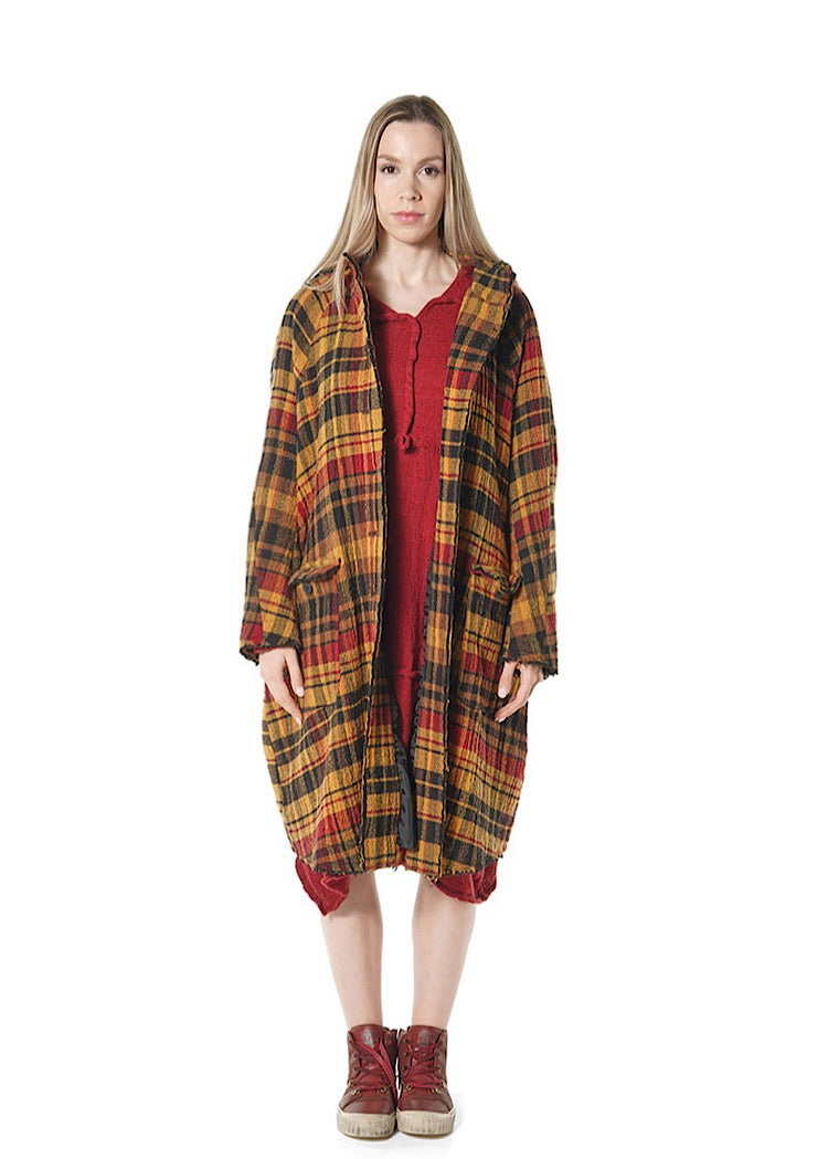 CL HOODED CHECK WOOL COAT