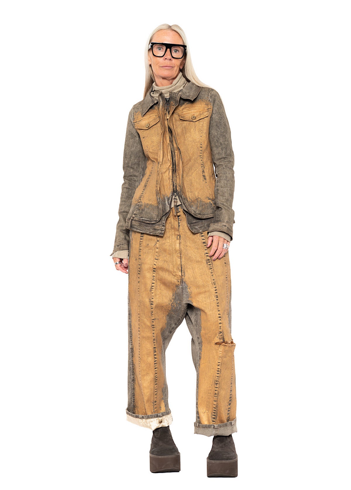 HAND-PAINTED GOLD STRETCH DENIM JACKET