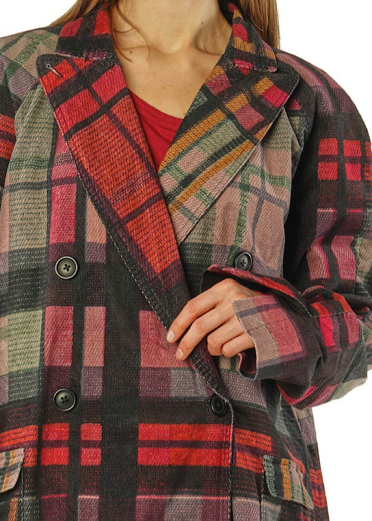 CL DOUBLE-BREASTED CHECK VELVET COAT