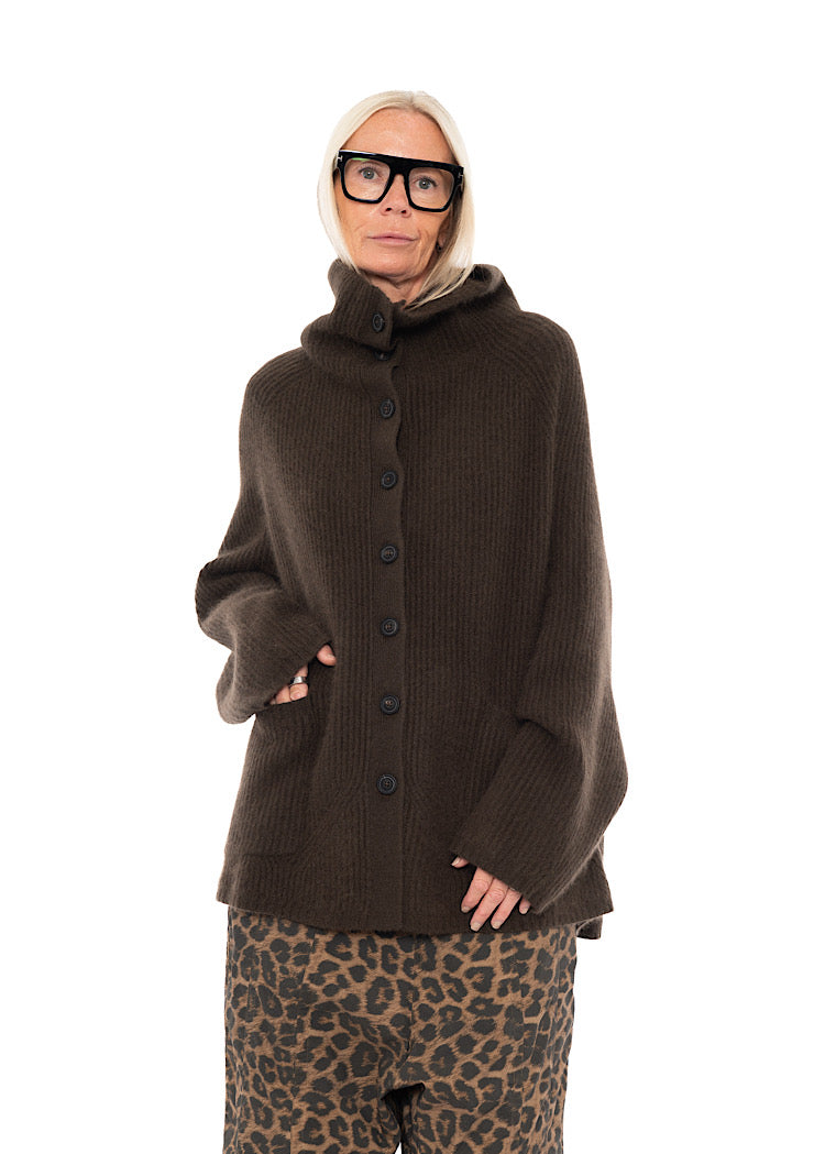 MERINO RACCOON FUNNEL NECK CARDIGAN