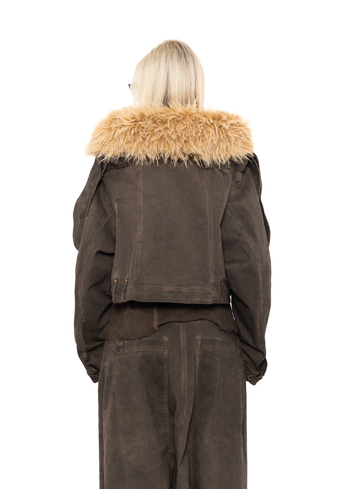 CROPPED FAUX FUR-TRIM DENIM JACKET