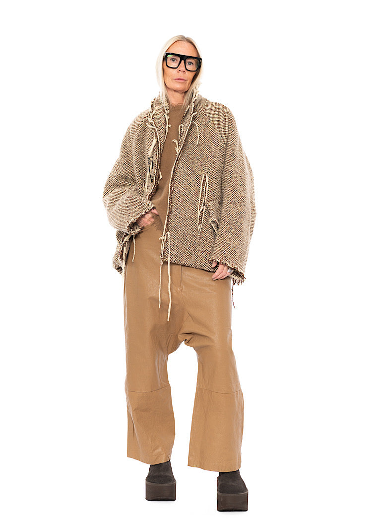 OVERSIZED DISTRESSED CHECK WOOL JACKET