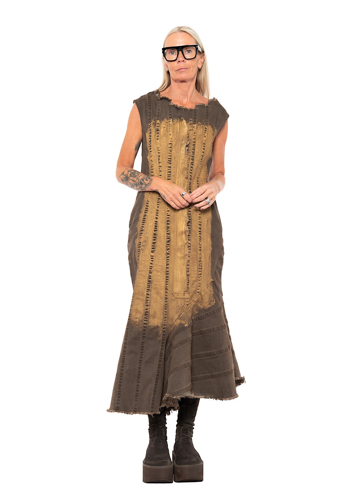 HAND-PAINTED GOLD PIGMENT DENIM DRESS