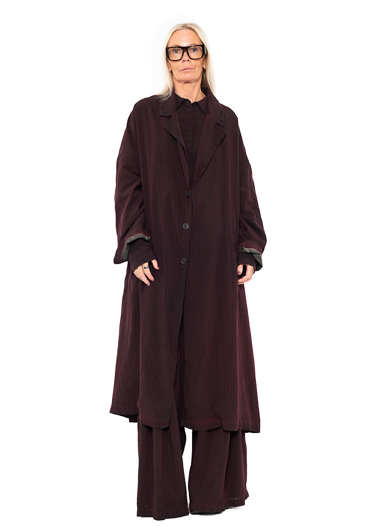 OVERSIZED PINSTRIPE DRAPED COAT