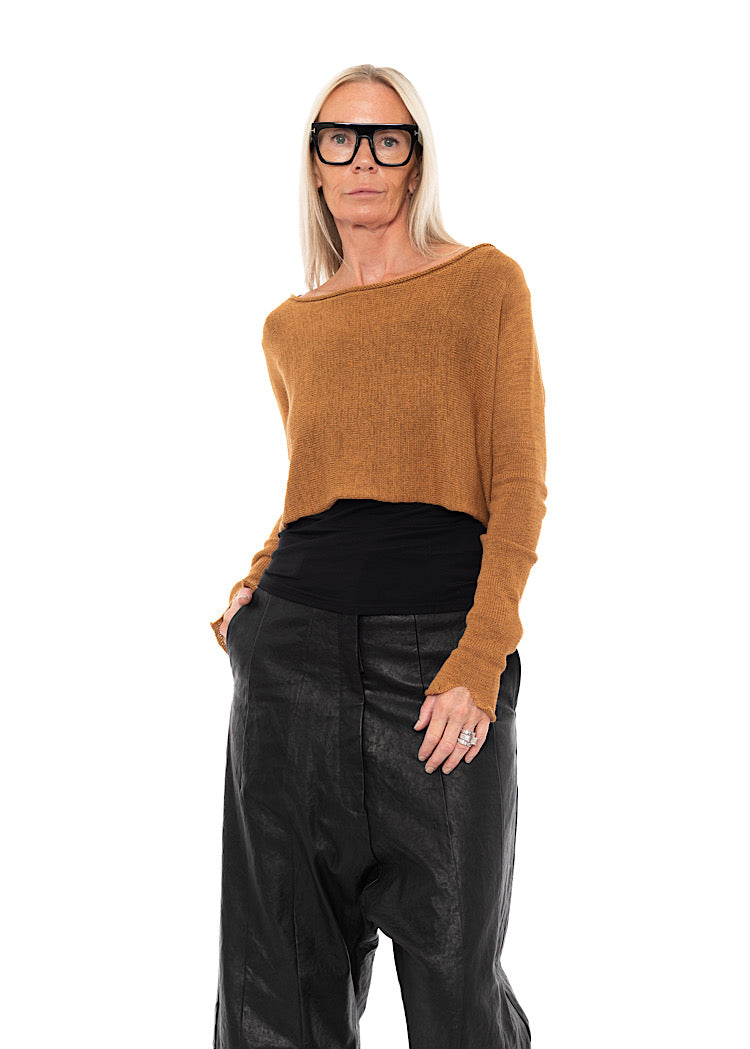 CROPPED LINEN-BLEND KNITTED PULLOVER