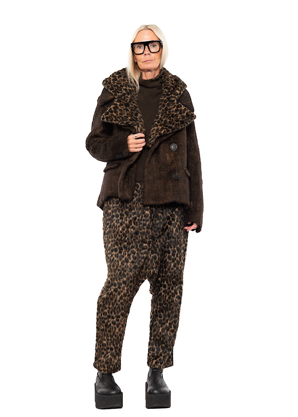 OVERSIZED LONG-HAIR WOOL JACKET WITH DETACHABLE LEOPARD COLLAR