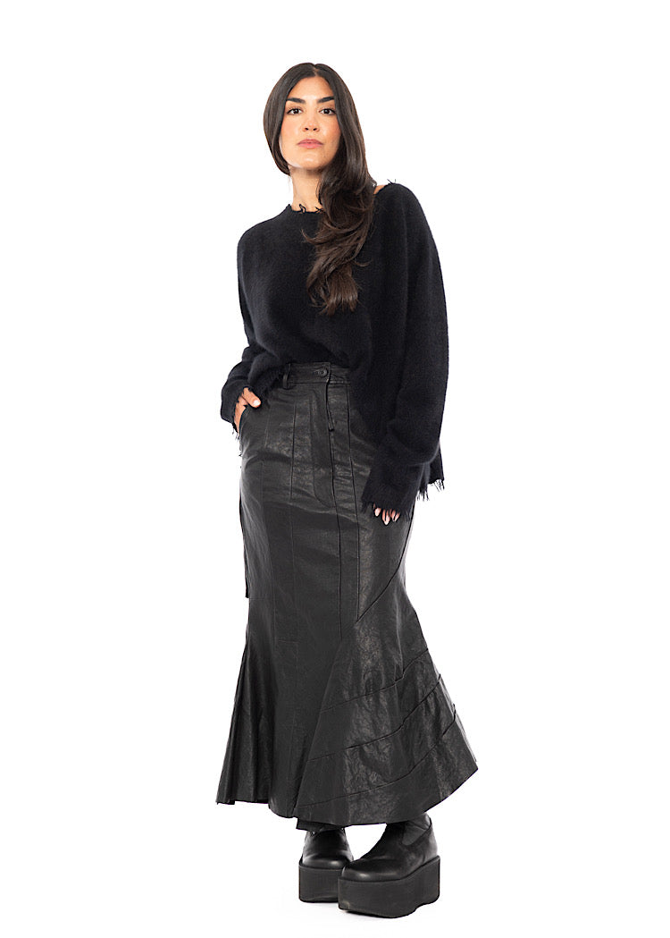 ASYMMETRIC FLARED LEATHER SKIRT