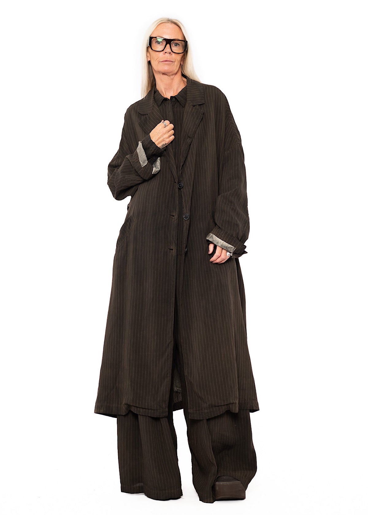 OVERSIZED PINSTRIPE DRAPED COAT