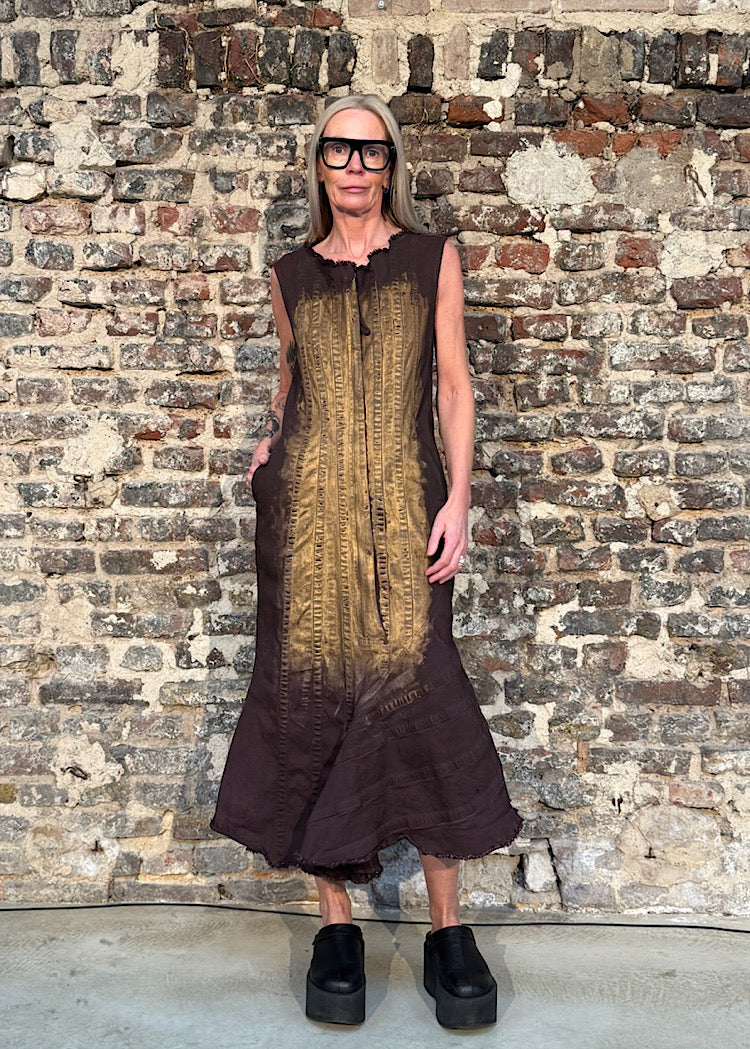 GOLD-PAINTED ASYMMETRIC DENIM DRESS