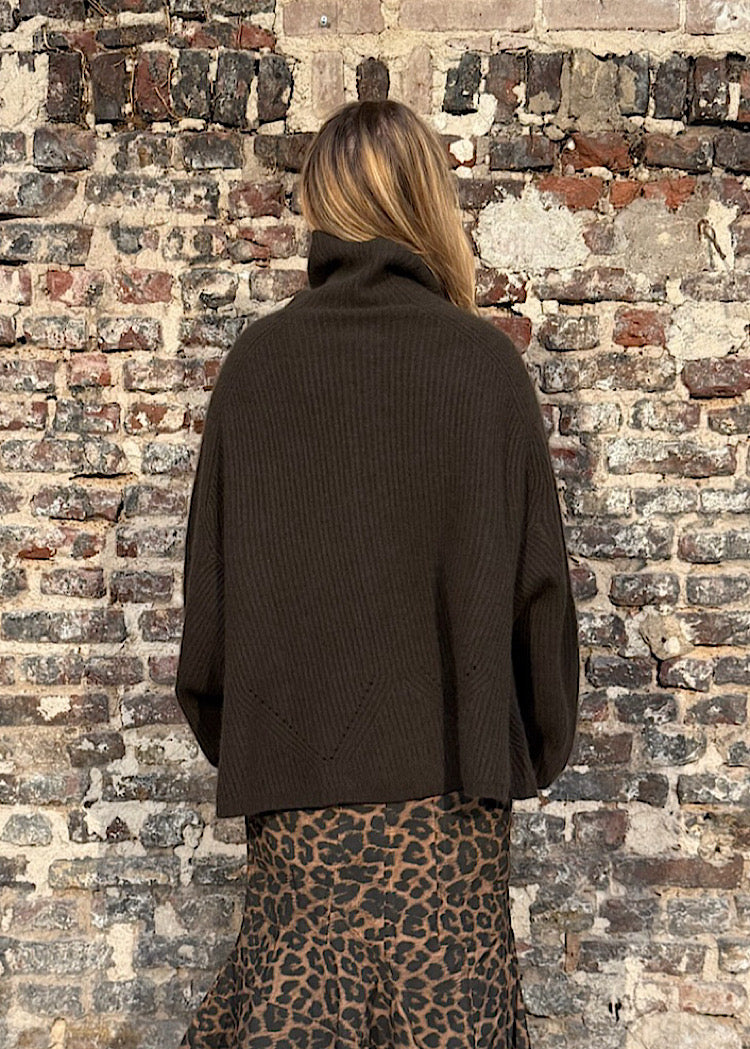 MIXED-KNIT FUNNEL NECK CARDIGAN