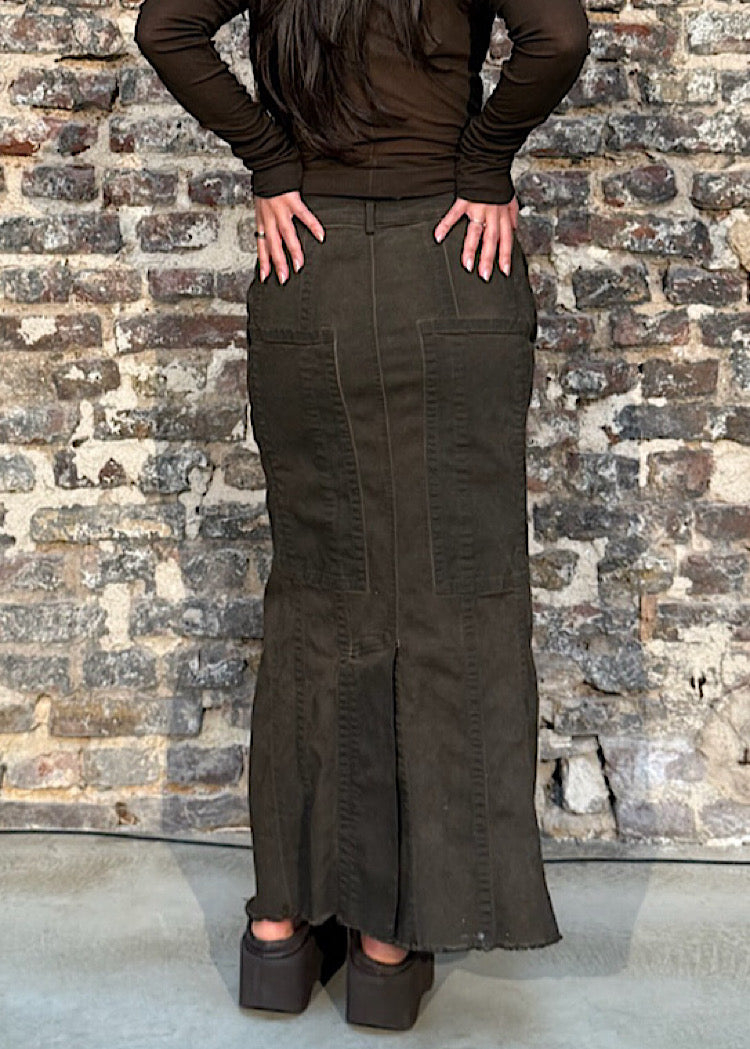 CL ASYMMETRIC FLARED DENIM SKIRT