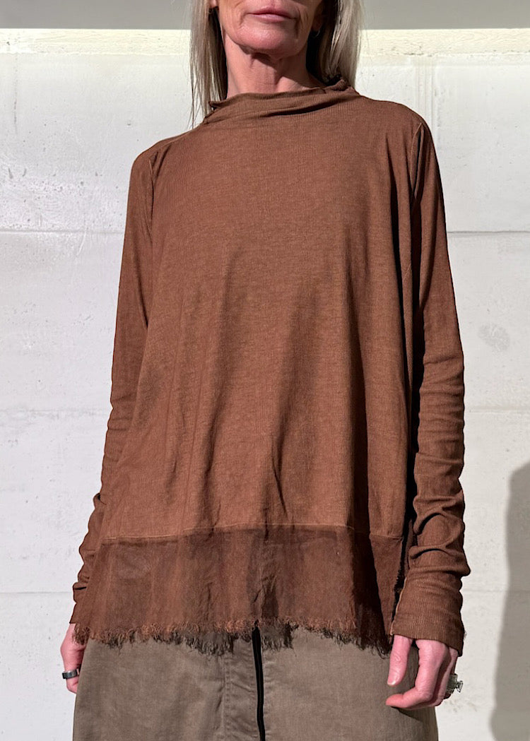 FUNNEL NECK MESH-HEM RIB JERSEY TOP