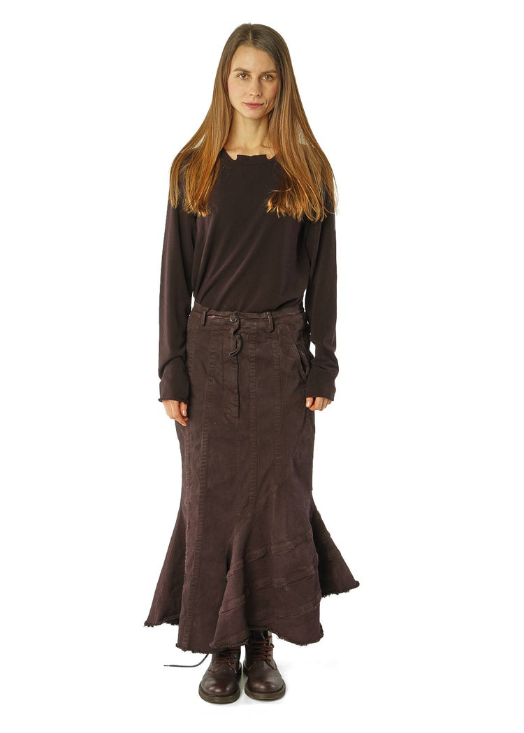 ASYMMETRIC FLARED DENIM SKIRT
