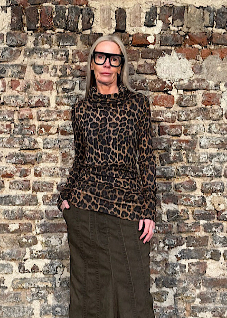 LEOPARD HIGH-NECK RIB JERSEY TOP