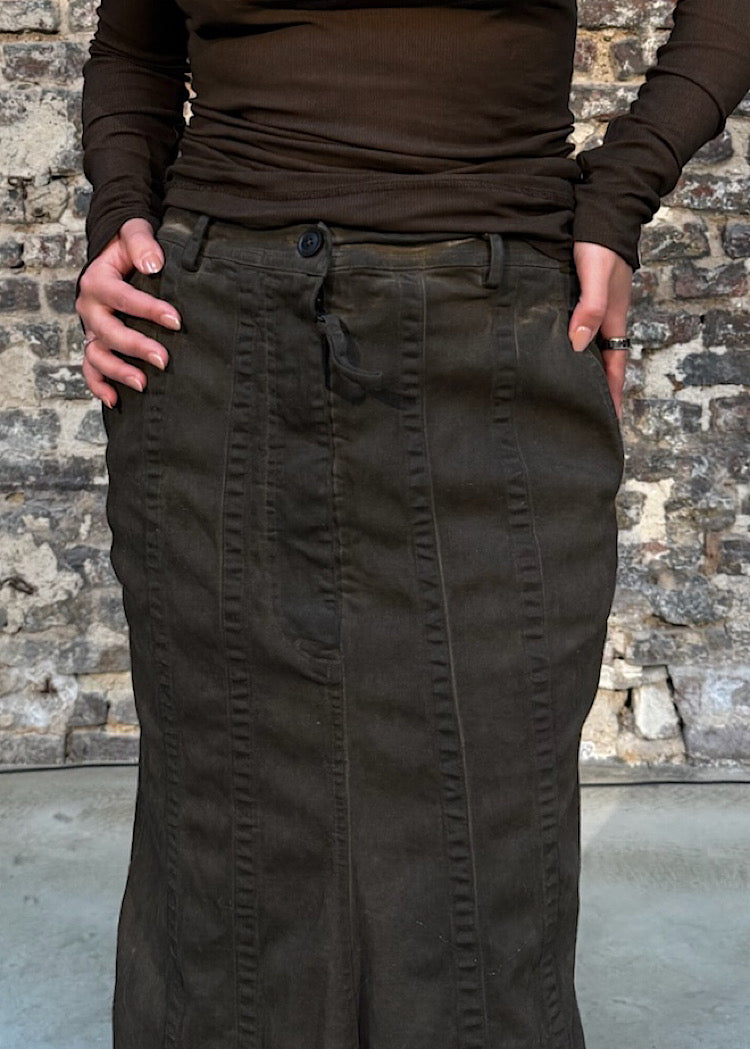 CL ASYMMETRIC FLARED DENIM SKIRT