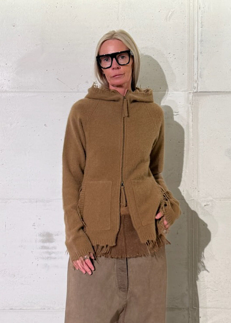 HOODED BRUSHED FOX-WOOL CARDIGAN