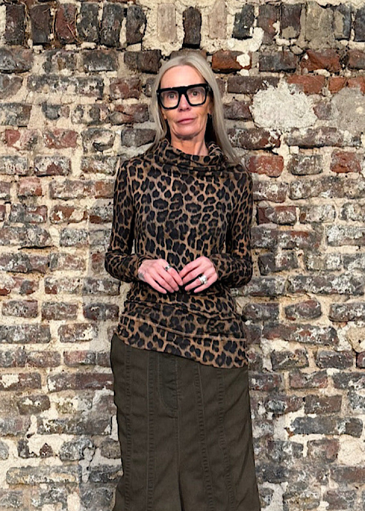 LEOPARD HIGH-NECK RIB JERSEY TOP