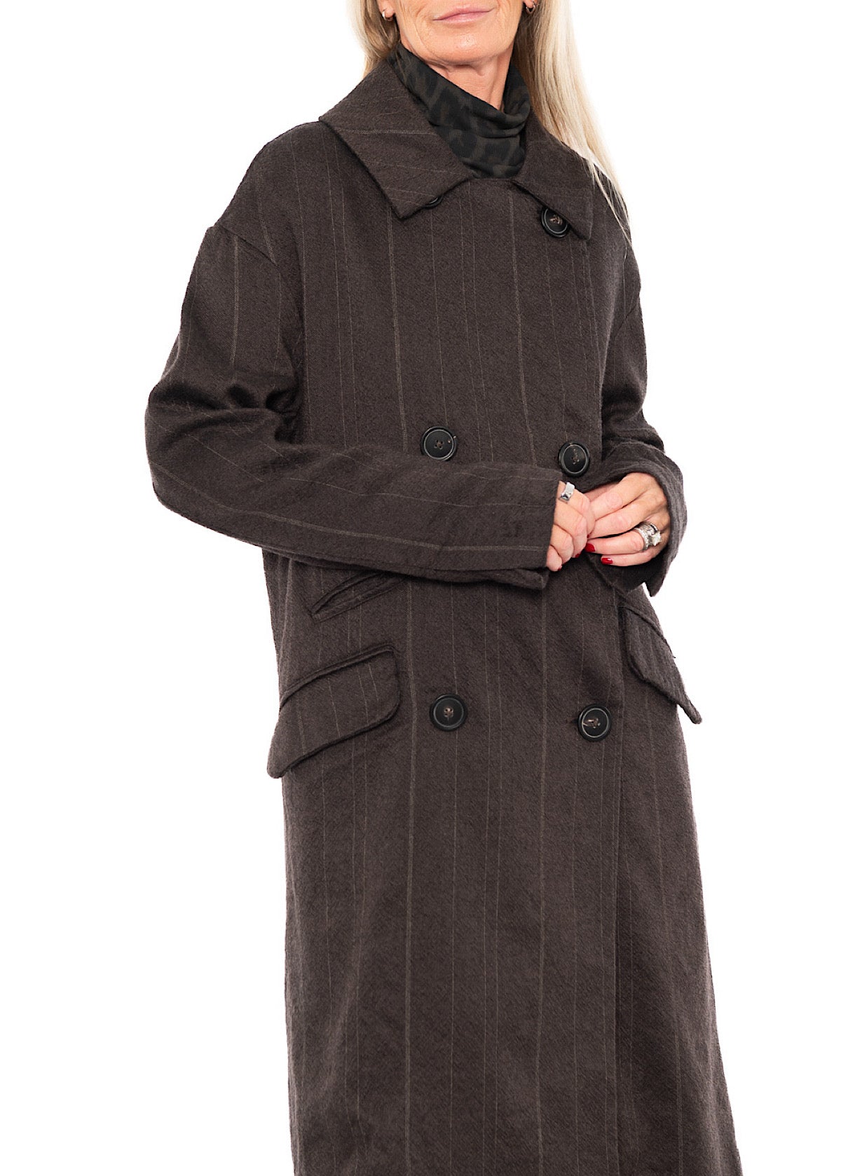 DOUBLE-BREASTED PINSTRIPE WOOL COAT