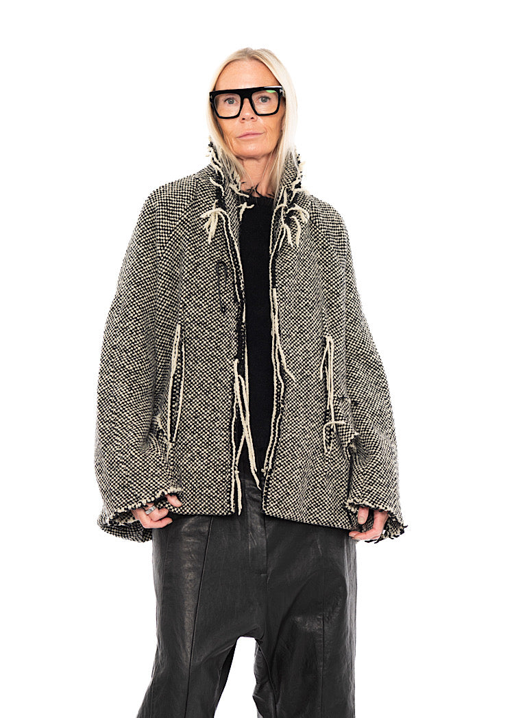OVERSIZED DISTRESSED CHECK WOOL JACKET
