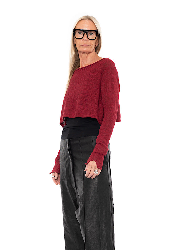 CROPPED LINEN-BLEND KNITTED PULLOVER