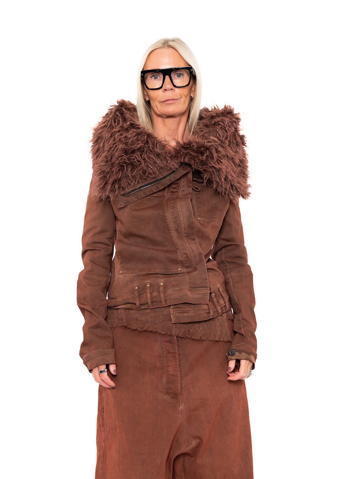FITTED FAUX FUR-TRIM DENIM JACKET