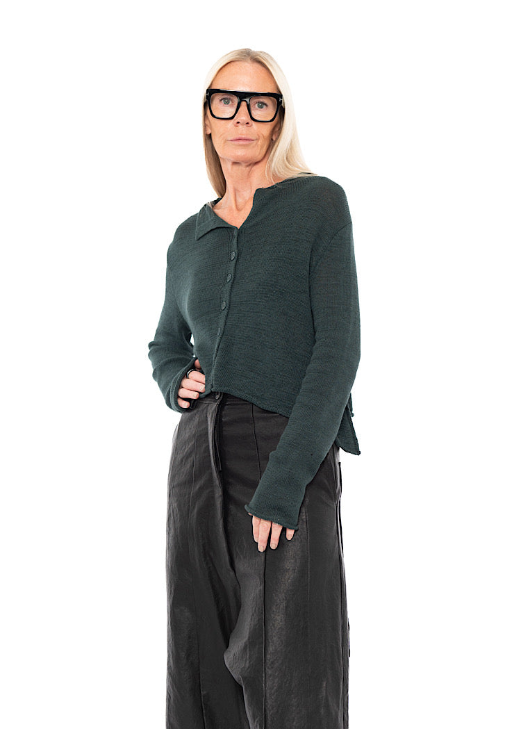 CROPPED LINEN-BLEND KNITTED CARDIGAN