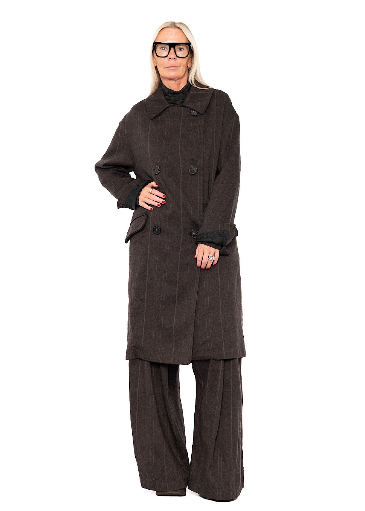 DOUBLE-BREASTED PINSTRIPE WOOL COAT