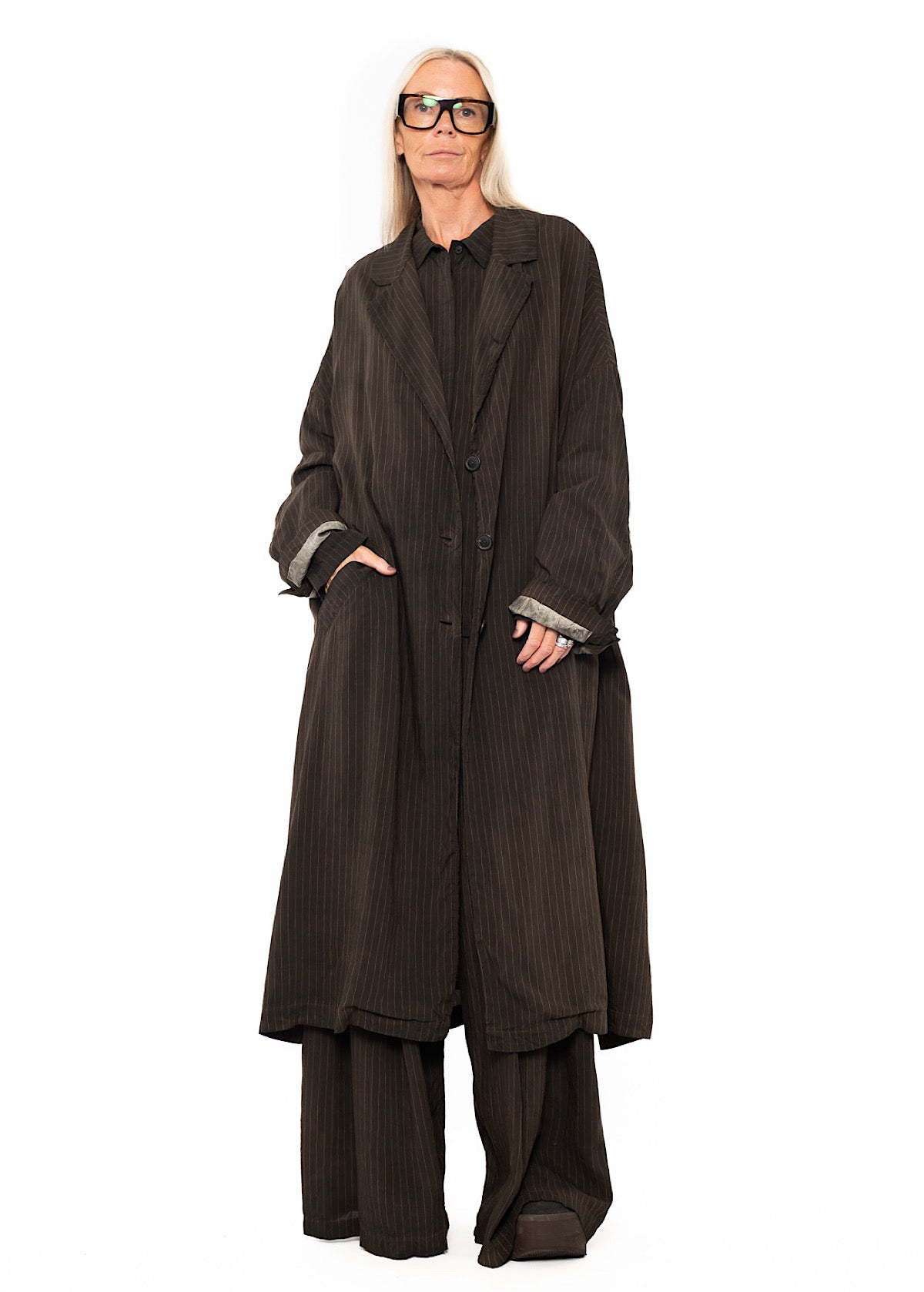 OVERSIZED PINSTRIPE DRAPED COAT