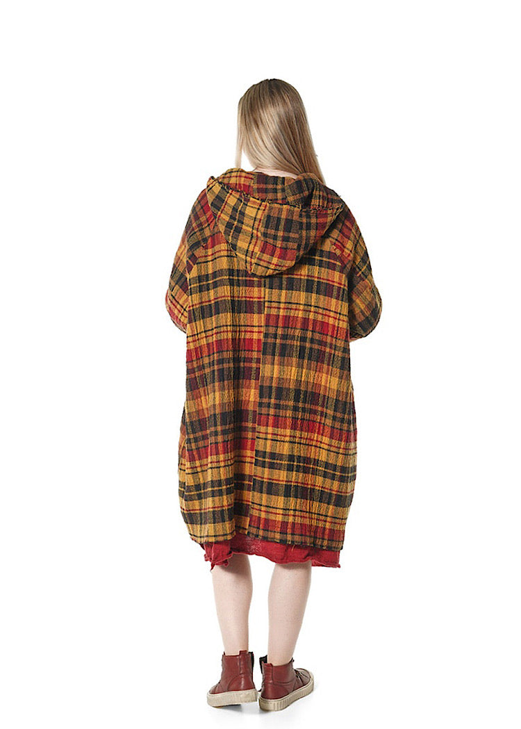HOODED CHECK WOOL COAT