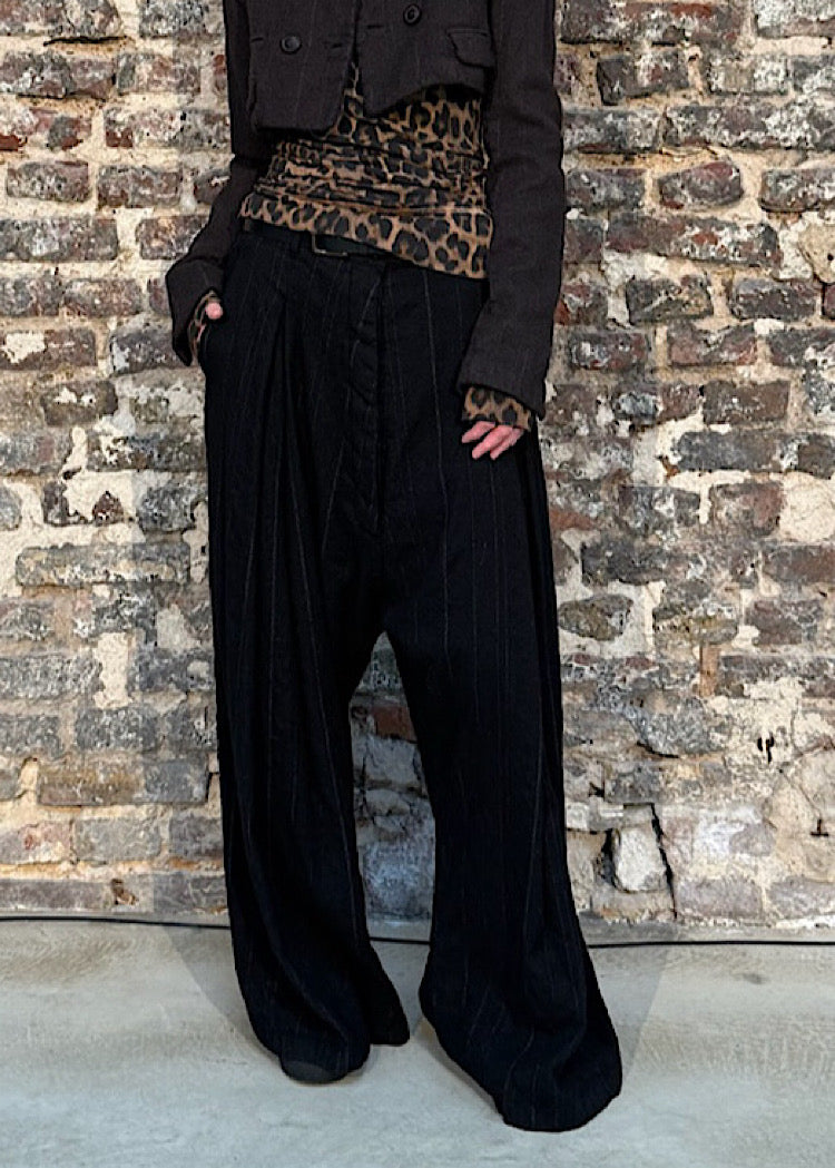 DROP-CROTCH PINSTRIPE WOOL TROUSER *GINGER STRIPE* (SHOWN IN BLACK STRIPE)